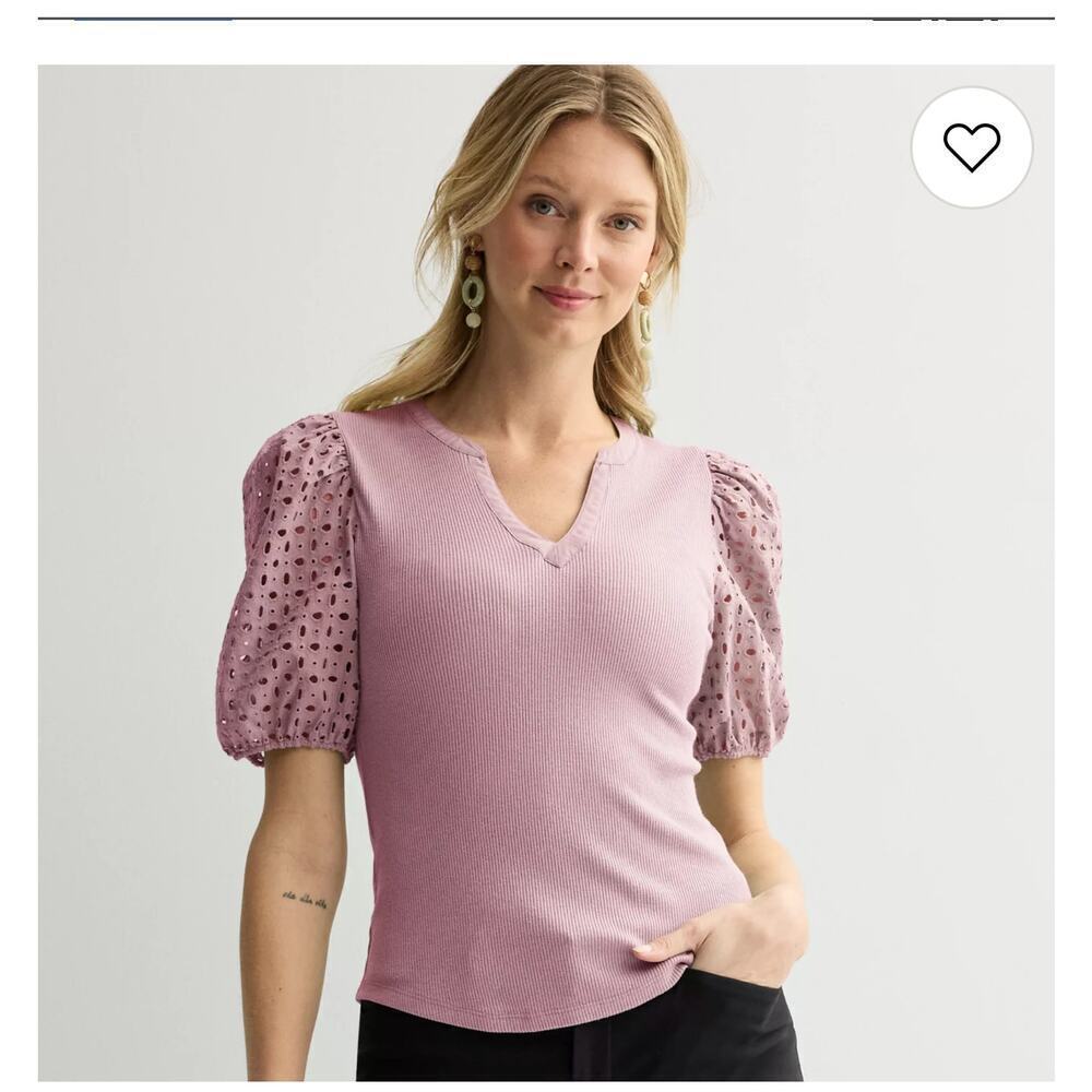 Nine West Purple Eyelet Sleeve V Neck Ribbed Blouse Size Medium